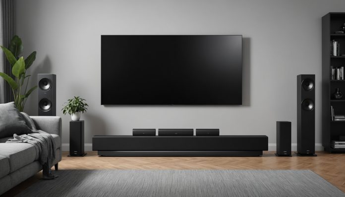 Barre de son noire moderne avec caisson de basses sans fil dans un salon home cinéma