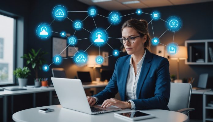 Dirigeant de petite entreprise utilisant un ordinateur portable avec des icônes d'intelligence artificielle en surimpression