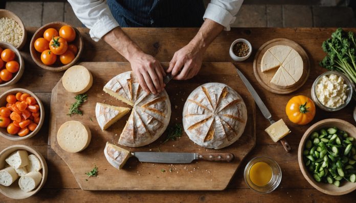 Boulanger et fromager artisans préparant des produits gastronomiques français