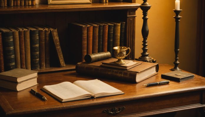 Bureau en bois ancien avec une pile de romans et un stylo-plume, illustration du Prix Goncourt