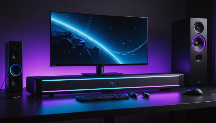 Barre de son gaming avec éclairage RGB et écran de contrôle devant un PC, illustration de l'ASUS ROG Gjallar