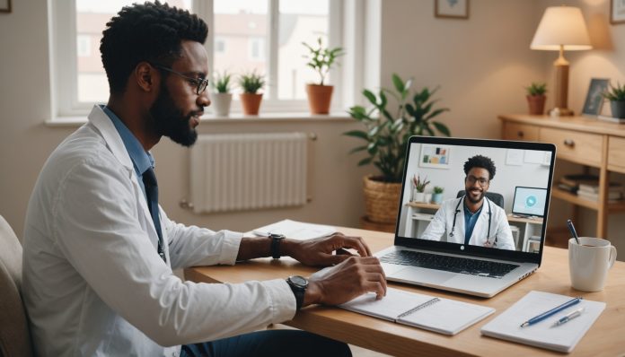 Illustration générée par IA d'une personne en téléconsultation avec un médecin en ligne, ne représente pas une personne ou un service réel