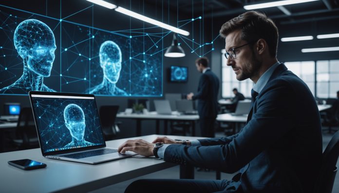 Bureau moderne avec réseau neuronal abstrait symbolisant l'usage non encadré de l'IA