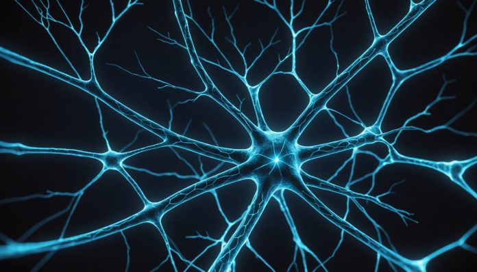 Illustration d'un réseau de neurones activé par la lumière, symbole de l'optogénétique