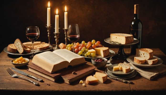 Illustration generee par IA d une nature morte gastronomique francaise, livre ancien et table dressee