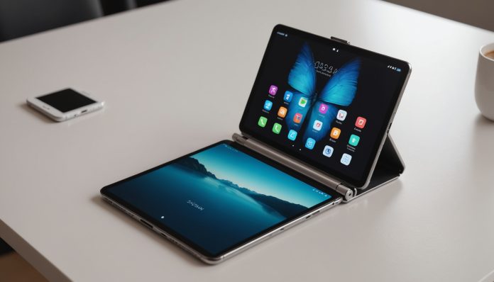 Illustration générée par IA d'un smartphone pliable ouvert sur un bureau, ne représente pas le modèle exact