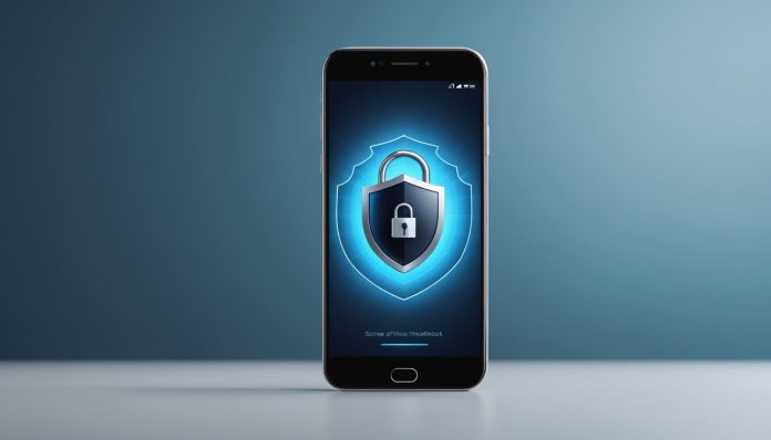 Illustration d'un smartphone avec une icône de sécurité et une mise à jour logicielle en cours