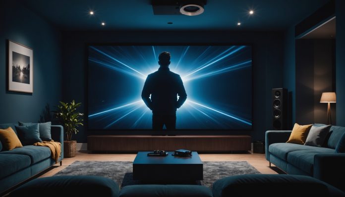 Vidéoprojecteur laser 4K haut de gamme projetant une image de cinéma dans un salon