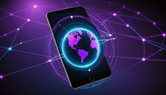 Illustration generative IA d'un reseau VPN mondial securise, ne represente pas un produit reel