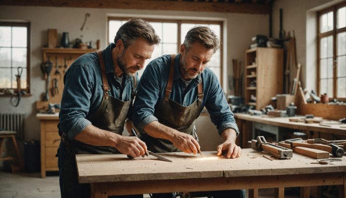 Artisan travaillant dans un atelier moderne avec des outils électriques