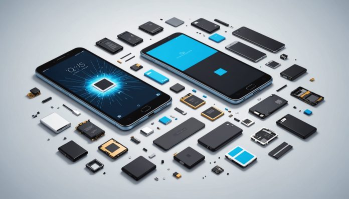 Illustration d'un smartphone en vue éclatée montrant une batterie facilement démontable