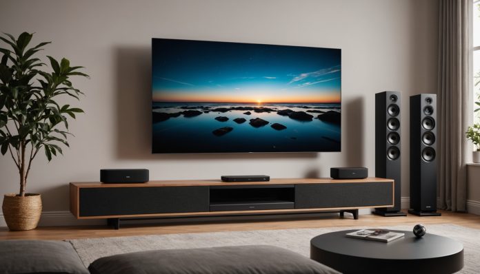 Illustration générée par IA représentant une barre de son home cinéma dans un salon, ne représente pas le modèle exact Teufel Cinebar Pro 2