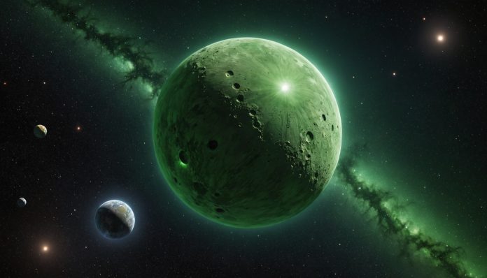Illustration générée par IA représentant une naine blanche teintée de vert entourée de débris planétaires, ne représente pas l'étoile réelle WD J1330+6435