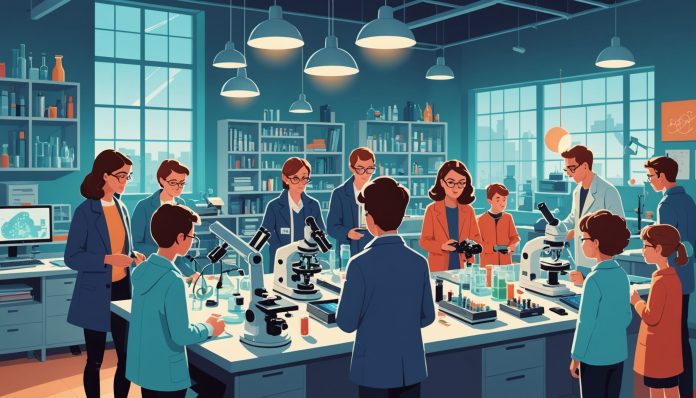 Chercheur présentant un laboratoire scientifique à des visiteurs curieux lors d'une journée portes ouvertes