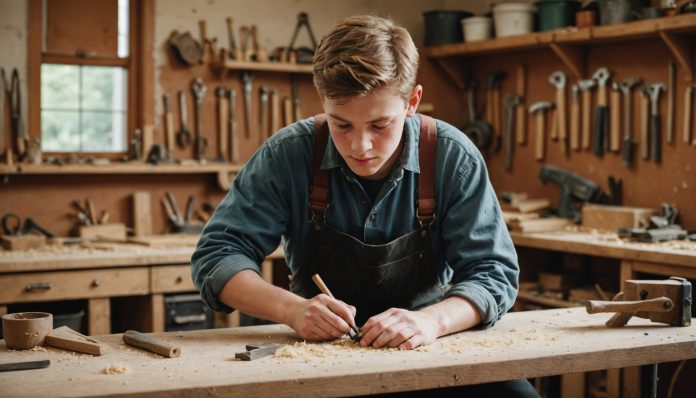 Jeune apprenti artisan travaillant le bois dans un atelier traditionnel