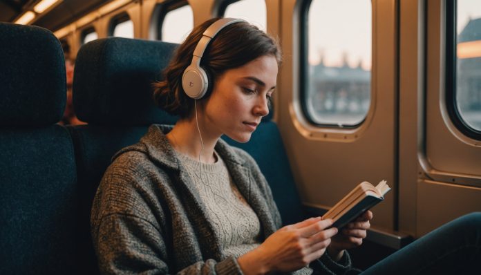 Illustration générée par IA d'une personne écoutant un livre audio, ne représente pas une personne réelle