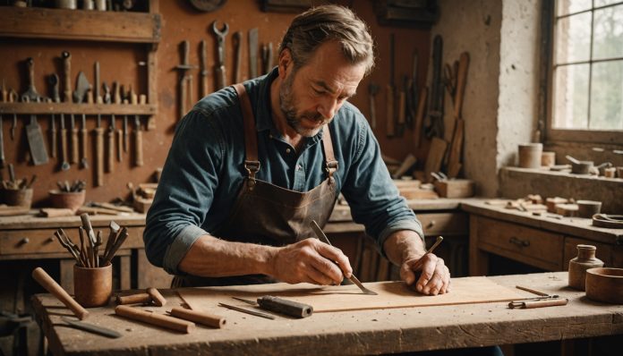 Illustration générée par IA d'un artisan travaillant dans son atelier, ne représente pas une personne réelle