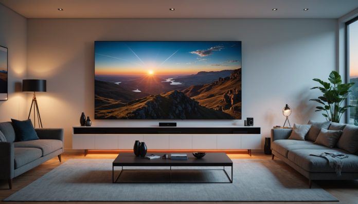 Illustration générée par IA d'un vidéoprojecteur laser 4K dans un salon home cinéma, ne représente pas un modèle exact