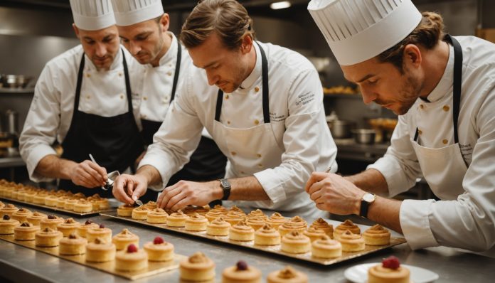 Illustration générée par IA de chefs pâtissiers dans un atelier de pâtisserie haut de gamme