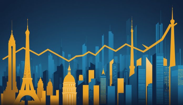 Illustration des marchés financiers européens avec graphiques en hausse et silhouette de Paris