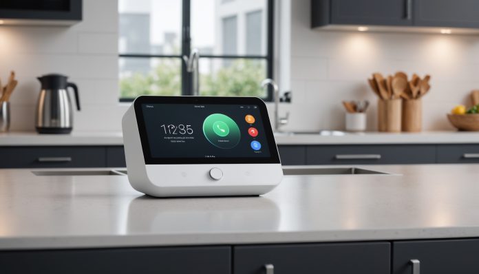 Hub de maison connectée au design minimaliste posé sur un plan de travail