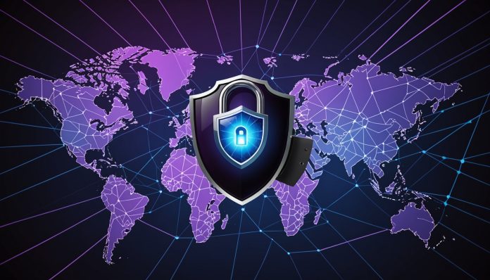 Illustration d'un bouclier numérique et d'un cadenas au-dessus d'une carte du monde symbolisant la régulation des VPN