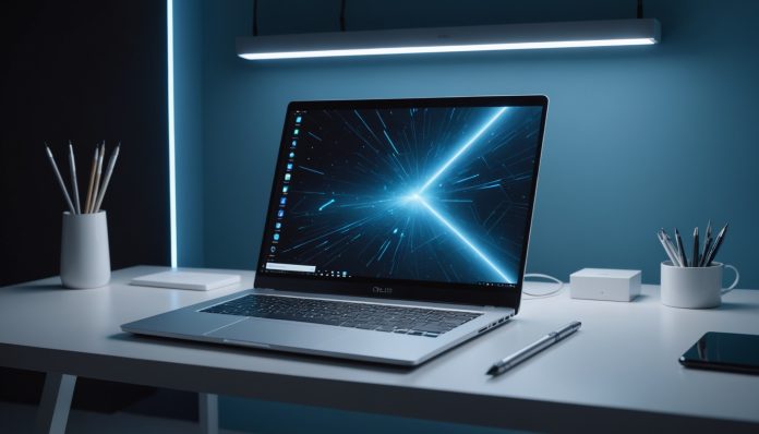 Illustration d'un ordinateur portable avec écran OLED tactile lumineux