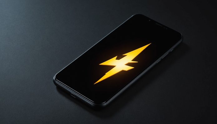 illustration générée par IA d'un smartphone avec icône de batterie et charge rapide, ne représente pas le modèle exact