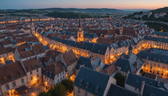 Vue aérienne d’une ville française au crépuscule avec ses toits et ses fenêtres éclairées