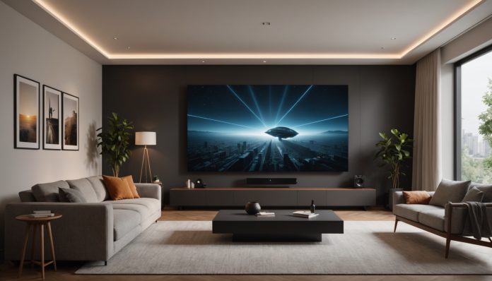 Vidéoprojecteur LG CineBeam AI projetant une image de cinéma dans un salon avec enceintes sans fil