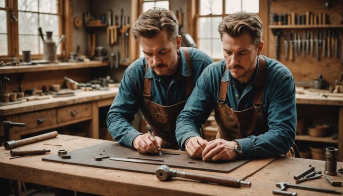 Illustration générée par IA d'un artisan formant un apprenti dans un atelier de métiers d'art