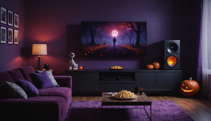 Illustration générée par IA d'un salon avec téléviseur allumé évoquant une ambiance série horrifique, ne représente pas une scène réelle de la série