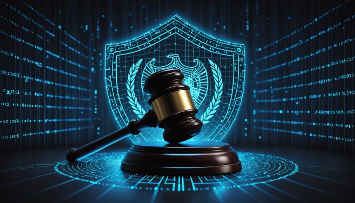 Illustration abstraite d'un marteau de justice et d'un bouclier numérique symbolisant une décision de justice sur les VPN